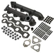 BD Exhaust Manifold Kit: 2011 to 2014 Ford 6.7 L F250 and F350 Pick-ups and 2011 to 2016 F350, F450, and F550 Cab and Chassis. BD focused on solving one of the Ford 6.7L common failures, the exhaust manifolds. Crafted with a heavy duty 0.275" thick-walled Hi-Silicon ductile casting, this makes these manifolds 75% thicker to combat cracking due to high exhaust temperatures. Thermal durability has been improved with longer exhaust studs and spacers plus thicker, more durable machined bolting flanges. Fully EGR compatible, BD's exhaust manifold set is the perfect replacement for reliability and peace of mind. FEATURES 50-STATE LEGAL! Average flow increase of 9.3% (OEM avg 173 cfm port BD avg 189 cfm port) High-silicon ductile cast iron 75% thicker walls retain heat and prevents warping Machined thicker bolting flange Includes the longest stud and spacer kit that fits across all 8-cylinders Longer exhaust studs improve thermal durability Thick spacers are black oxide coated Designed using computation fluid dynamics High temperature POR 15 black coated Gaskets included: exhaust manifold, cross over tube, EGR port Fully EGR compatible Part number: 1043007