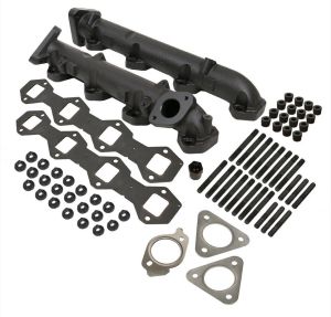 BD Exhaust Manifold Kit: 2011 to 2014 Ford 6.7 L F250 and F350 Pick-ups and 2011 to 2016 F350, F450, and F550 Cab and Chassis. BD focused on solving one of the Ford 6.7L common failures, the exhaust manifolds. Crafted with a heavy duty 0.275" thick-walled Hi-Silicon ductile casting, this makes these manifolds 75% thicker to combat cracking due to high exhaust temperatures. Thermal durability has been improved with longer exhaust studs and spacers plus thicker, more durable machined bolting flanges. Fully EGR compatible, BD's exhaust manifold set is the perfect replacement for reliability and peace of mind. FEATURES 50-STATE LEGAL! Average flow increase of 9.3% (OEM avg 173 cfm port BD avg 189 cfm port) High-silicon ductile cast iron 75% thicker walls retain heat and prevents warping Machined thicker bolting flange Includes the longest stud and spacer kit that fits across all 8-cylinders Longer exhaust studs improve thermal durability Thick spacers are black oxide coated Designed using computation fluid dynamics High temperature POR 15 black coated Gaskets included: exhaust manifold, cross over tube, EGR port Fully EGR compatible Part number: 1043007